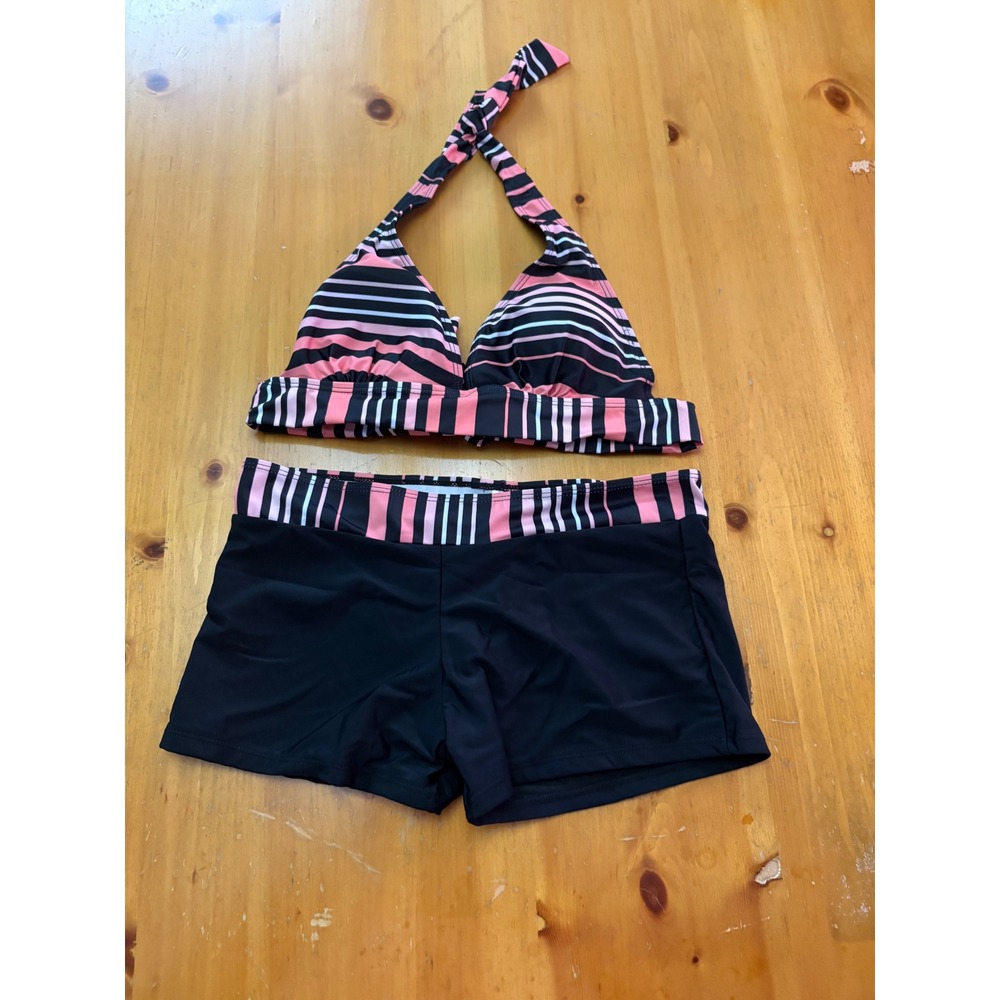 Zando Womens Pink Black Striped Halter Bikini Top Boyshort Bottom Swimsuit L